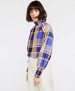 Petite Plaid Smocked Neck Blouse