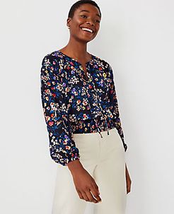 Floral Tie Neck Smocked Hem Popover Top