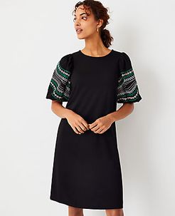 Petite Embroidered Sleeve Ponte Shift Dress