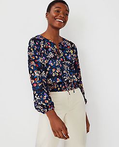 Petite Floral Tie Neck Smocked Hem Popover Top