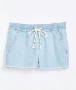 Cotton Linen Denim Pull On Shorts in Light Indigo Wash