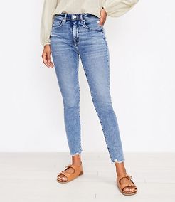 The Petite Frayed High Waist Skinny Ankle Jean in Pure Mid Indigo Wash