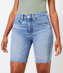 The Curvy Frayed Denim Bike Short in Light Wash Indigo