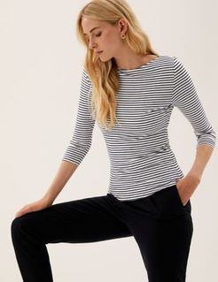 Marks & Spencer Cotton Striped Fitted 3/4 Sleeve Top - Navy Mix - US 2 (UK 6)