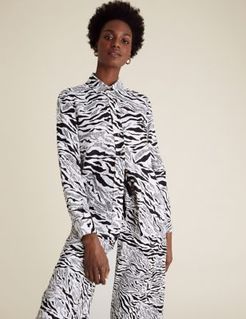 Marks & Spencer Pure Linen Animal Print Long Sleeve Shirt - Black Mix - US 2 (UK 6)