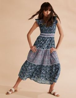 Marks & Spencer Ditsy Floral Frill Sleeve Tiered Dress - Navy Mix - US 12 (UK 16)