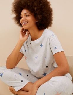 Marks & Spencer Star Print Short Sleeve Pyjama Set - Oatmeal Mix - Small