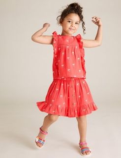 Pure Cotton Palm Print Woven Skirt (2-7 Yrs) - Coral Mix - 2-3 Years