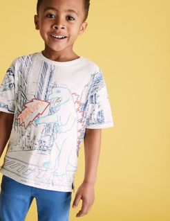 Cotton Embroidered Dinosaur T-Shirt (2-7 Yrs) - White - 4-5 Years