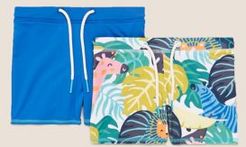 2pk Palm Print and Solid Swim Trunks (2-7 Yrs) - Blue Mix - 2-3 Years