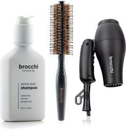 BROCCHI Travel Hair Dryer, Boar Bristle Styling Brush & Amino Acid Shampoo Bundle