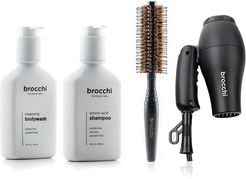 BROCCHI Travel Hair Dryer, Styling Brush, Amino Acid Shampoo & Cleansing Body Wash Bundle