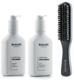 BROCCHI Boar Bristle Paddle Brush & Moisturizing Face Wash & Shave Lotion Bundle