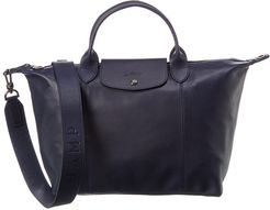 Longchamp Le Pliage Cuir Medium Leather Logo Strap & Short Handle Tote