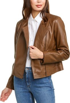 Cole Haan Zip Front Linen-Lined Leather Jacket