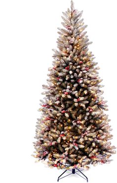 National Tree 7.5ft Dunhill Fir Slim Tree with Snow, Red Berries, Cones and Clear Lights