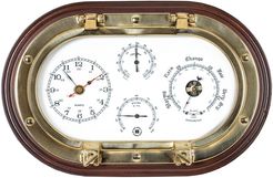 Bey-Berk Lacquered Brass Oval Porthole Quartz Clock, Barometer, Thermometer & Hygrometer on Mahogany Wood