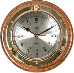 Bey-Berk Lacquered Brass Porthole Quartz Clock on Oak Wood