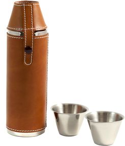 Bey Berk 10oz Stainless Steel Tan Leather Cylinder Flask