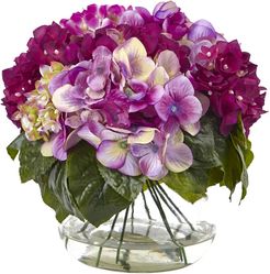Nearly Natural Multi-Tone Beauty Hydrangea with Round Glass Vase