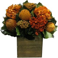 Banksia, Brunia, Pharalis, & Hydrangea in Wooden Cube Container