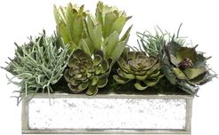 Artificial Sage & Succulents in a Short Wooden Rectangular Container