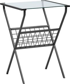 17in Modern Metal & Glass Side Table with Magazine Holder