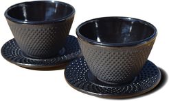 Old Dutch Set of 2 Matte Black Cast Iron Tea Cups & Saucers