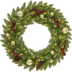 National Tree Company 24in Glittery Gold Dunhill Fir Wreath with Red Berr