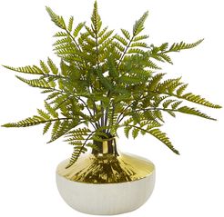 Fern Artificial Plant in Gold and Cream Elegant Vase