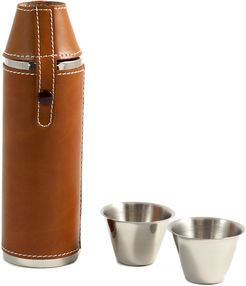 Bey-Berk 3pc 10oz Leather Flask Set with Two Cups