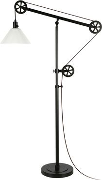 Abraham + Ivy Descartes Blackened Bronze Floor Lamp with White Milk Glass  Shade and Pulley System