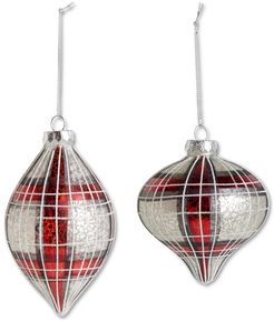 K&K Interiors Set Of 2A Red Black White Plaid Onion & Teardrop Glass Ornaments