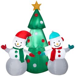 National Tree Company 5ft Inflatable Snowman Family Hugging A Christmas Tree