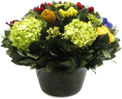 Bougainvillea 20in Brunia, Banksia, Clover, Roses, Protea & Hydrangea in Wood Container