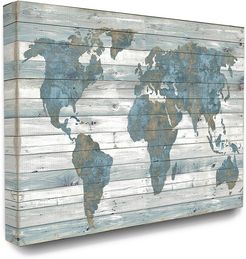 Stupell The Stupell Home Decor Collection Slate Blue and Tan Rustic Planked Look Weathered World Map