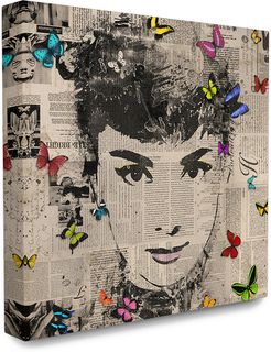 Stupell The Stupell Home Decor Collection Glam Fashion Hepburn Portrait on Newspaper with Butterflies