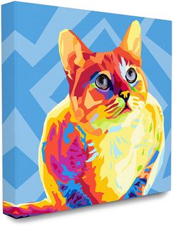 Stupell The Stupell Home Decor Collection Vibrant Abstract Posterized Rainbow Cat with Blue Pattern Background