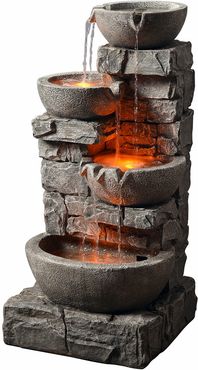 Peaktop Outdoor Stacked Stone Tiered Bowls Fountain with Led Light