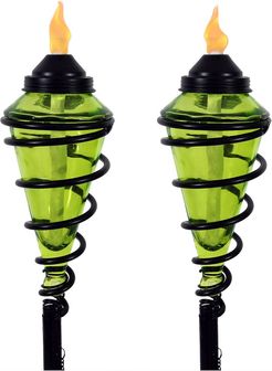 SunnyDaze 2-In-1 Metal Swirl With Green Glass Outdoor Lawn Torch
