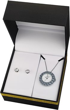 Burgi Women's Brass Watch Pendant Necklace & Studs Set