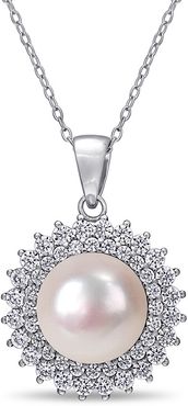 Silver 10.5 -11mm Freshwater Pearl & CZ Pendant Necklace