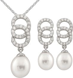 Splendid Pearls Silver 7-8mm Freshwater Pearl & CZ Earrings & Necklace Set Set