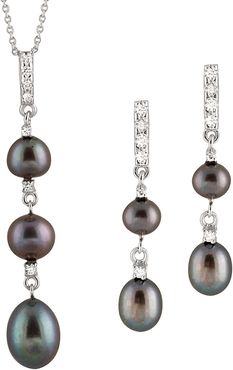 Splendid Pearls Silver 5.5-8.5mm Freshwater Pearl & CZ Earrings & Necklace Set Set