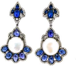 Arthur Marder Fine Jewelry Silver 6.00 ct. tw. Diamond & Sapphire and 15mm Pearl Drop Earrings