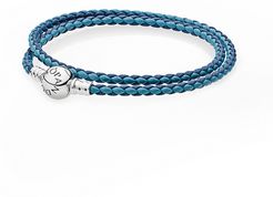 PANDORA Silver & Woven Mixed Blue Leather Wrap Charm Bracelet