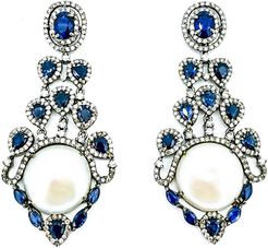 Arthur Marder Fine Jewelry Silver 10.86 ct. tw. Diamond, Blue Sapphire, & 19mm Pearl Earrings