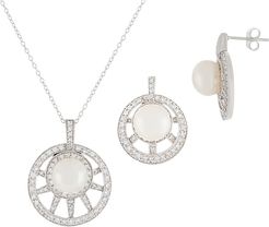 Splendid Pearls Rhodium Plated 7.5-8mm Pearl & CZ Necklace & Earrings Set