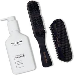 BROCCHI 2 Boar Bristle Grooming Brush Set & Moisturizing Face Wash Bundle