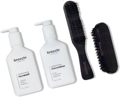 BROCCHI 2 Boar Bristle Grooming Brush Set & Moisturizing Face Wash & Shave Lotion Bundle